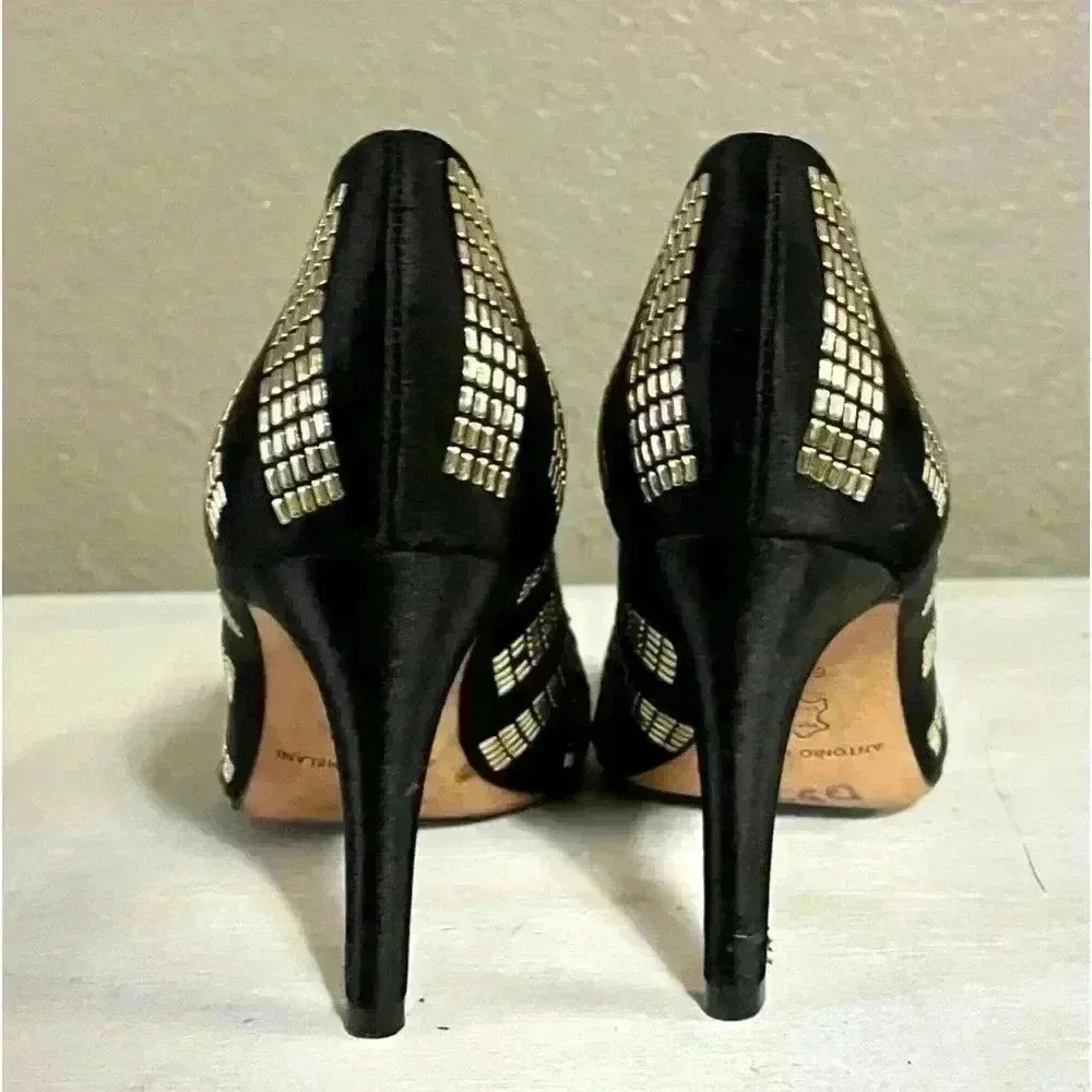 ANTONIO MELANI, black/gold studs, pointed toe, 3 1/2" heel, SZ: 6.5M - Picture 7 of 11